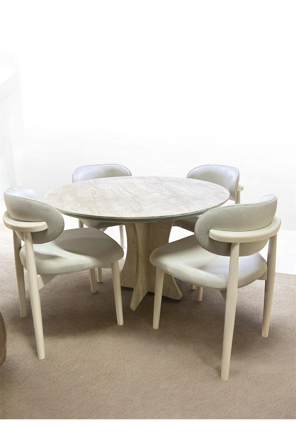 Yuvarlak Ahşap Masa Takımı TRAVERTEN Bohem 4 Kişilik Mutfak Masa Sandalye Takımı İskandinav