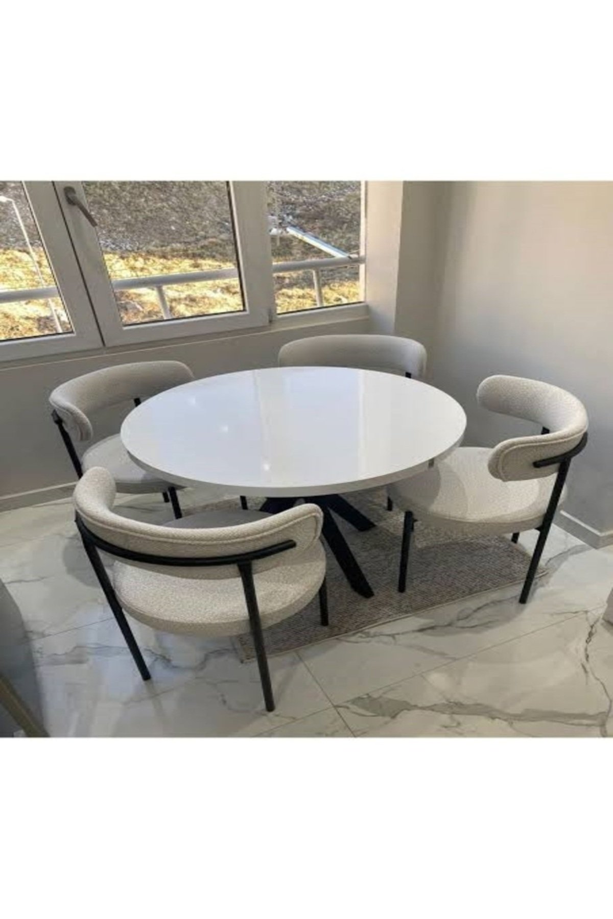 Yuvarlak Ahşap Masa Takımı Bohem 4 Kişilik Mutfak Masa Sandalye Takımı İskandinav