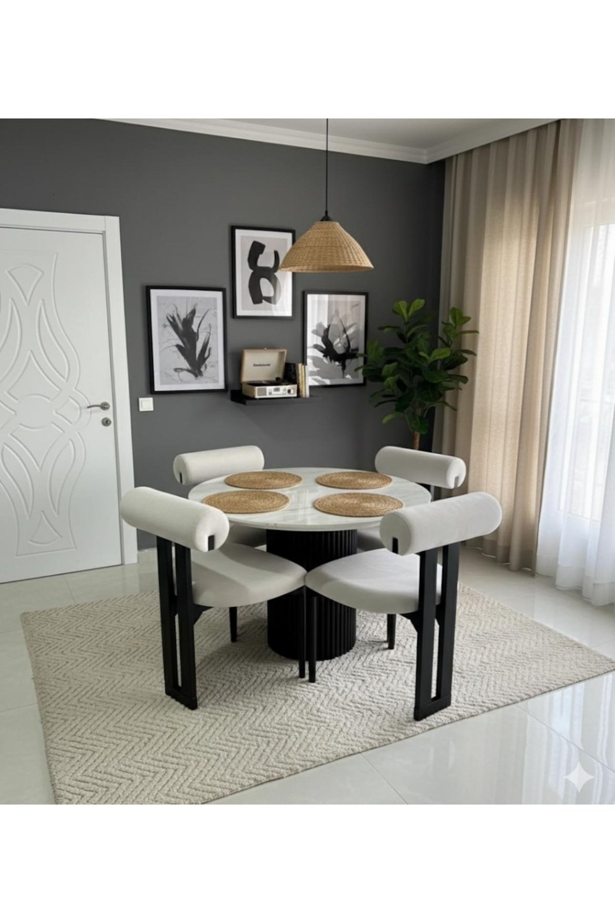 Yuvarlak Ahşap Masa Takımı Bohem 4 Kişilik Mutfak Masa Sandalye Takımı İskandinav