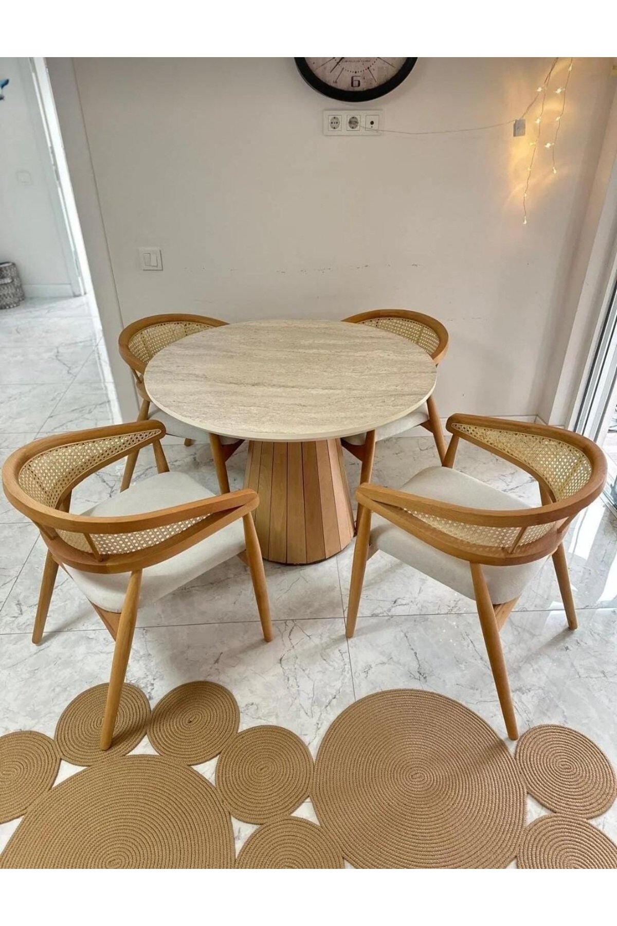 Yuvarlak Ahşap Masa Takımı Bohem 4 Kişilik Mutfak Masa Sandalye Takımı İskandinav