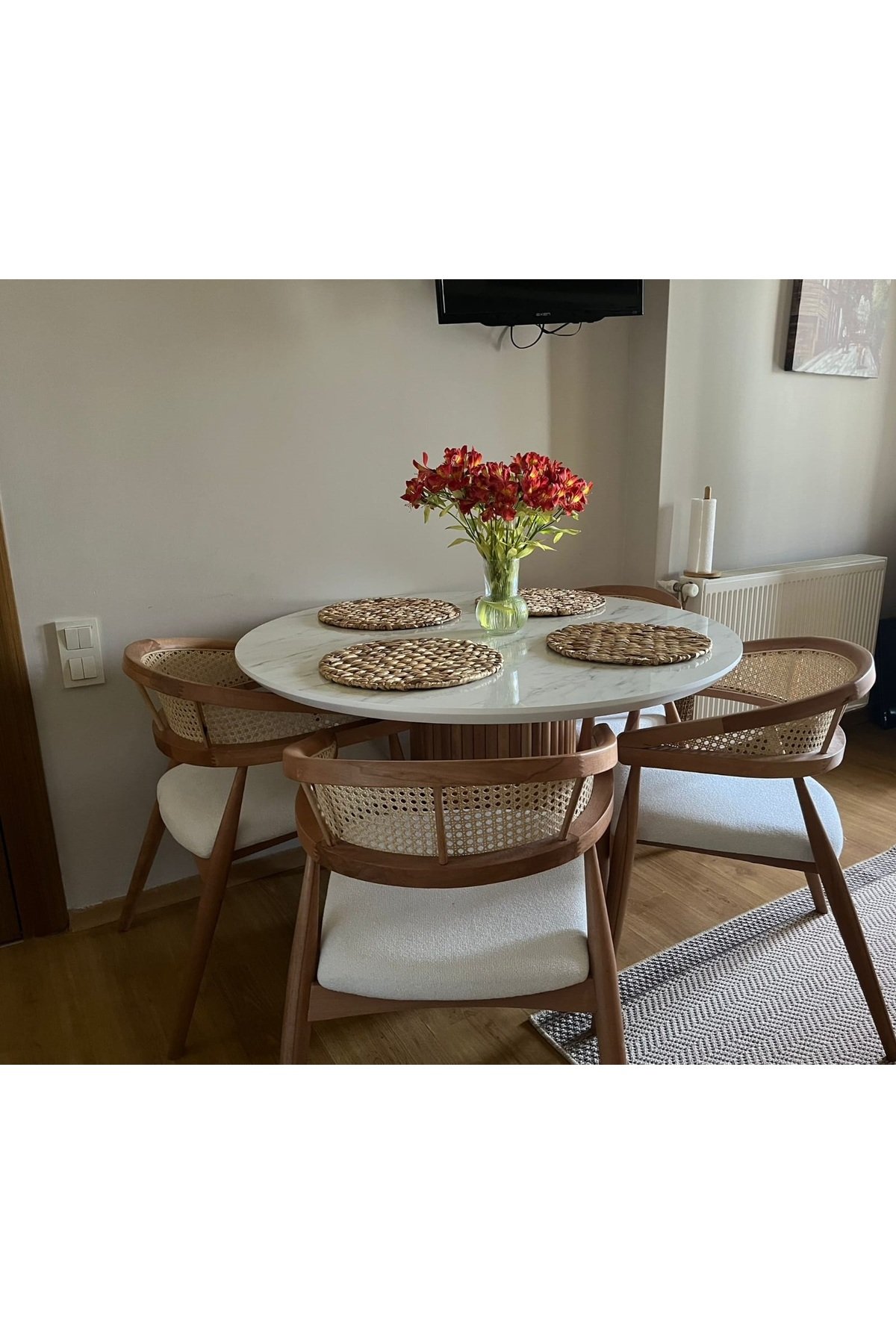 Yuvarlak Ahşap Masa Takımı Bohem 4 Kişilik Mutfak Masa Sandalye Takımı İskandinav