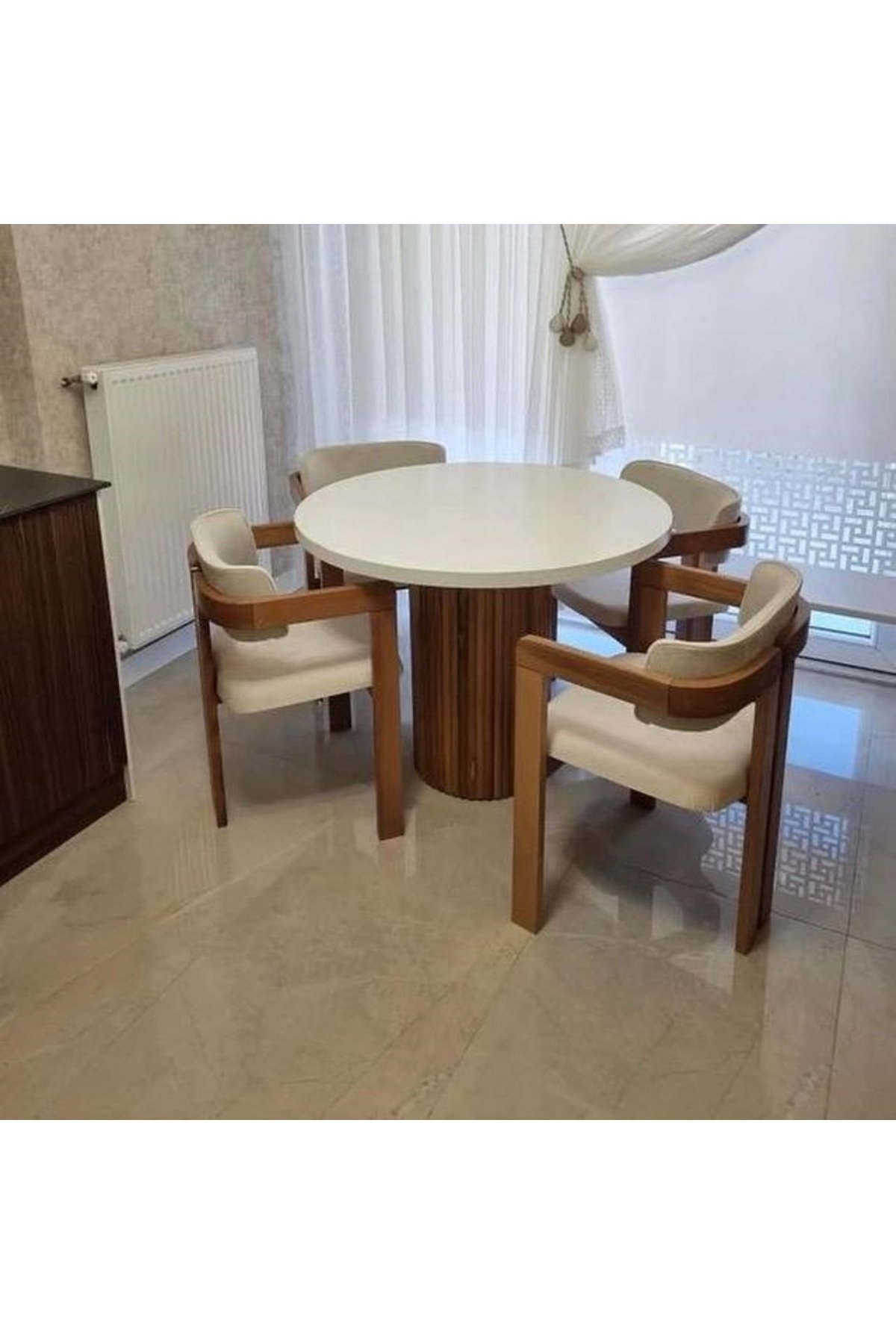 Yuvarlak Ahşap Masa Takımı Bohem 4 Kişilik Mutfak Masa Sandalye Takımı İskandinav