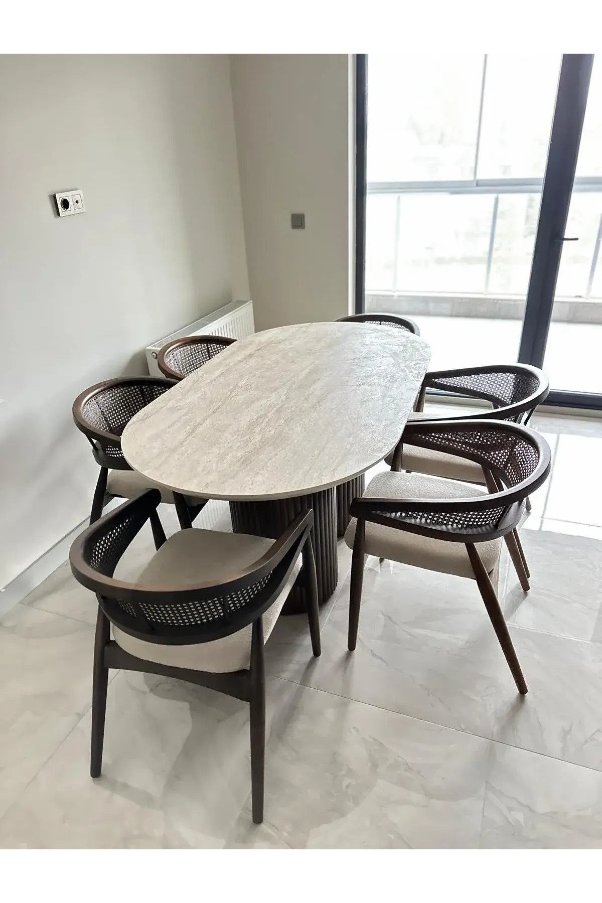 Bohem Gazel Hasır Masa Takımı Ahşap Masa Takımı 6 Kişilik Masa Sandalye Takımı